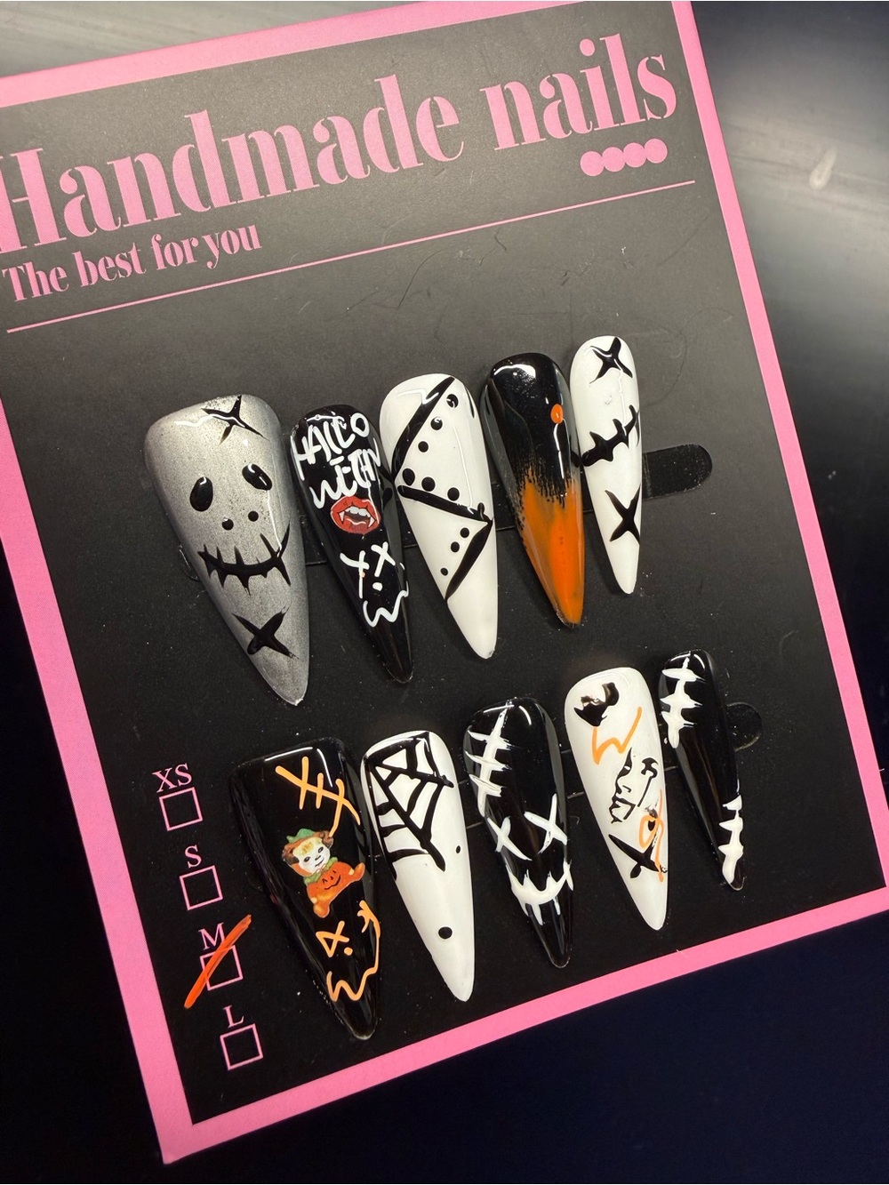 Handmade Halloween Press On Nails - Black, White, Orange, Silver Medium
